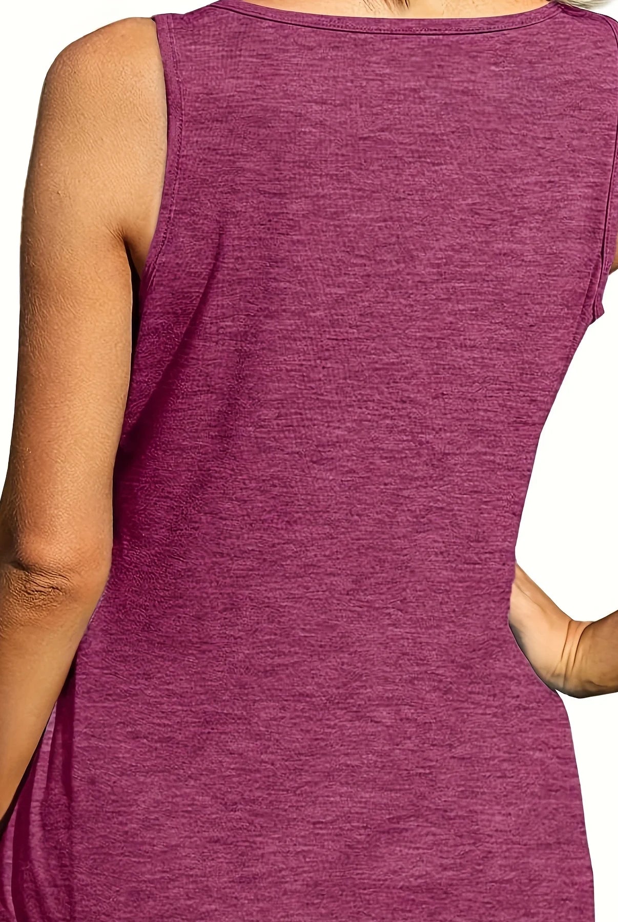 Plus size women's solid purple polyester summer vest with elastic, U-neck, dolphin hem, and classic American casual style.