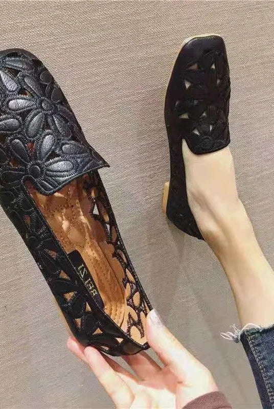Size 35-42 Square Toe Summer Shoes for Women Embroidery Designer Shoes with floral cutout pattern, soft slip-on loafers