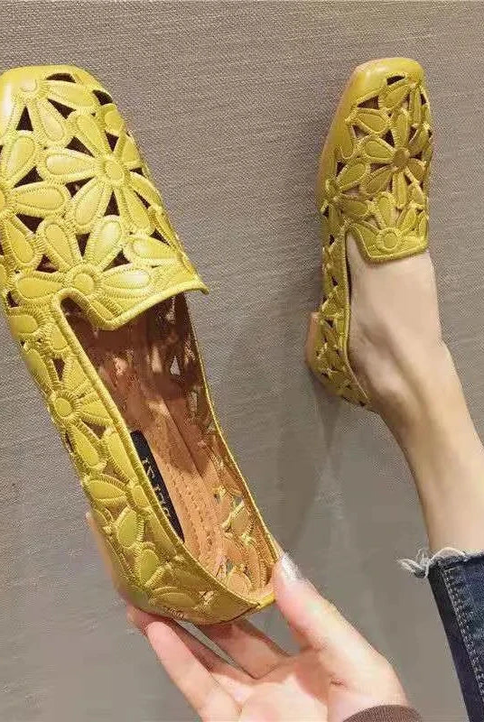 Size 35-42 yellow embroidered summer shoes for women, slip-on ballet flats with floral cutout design and soft moccasin sole.