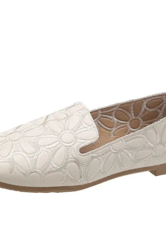 Size 35-42 women's summer square toe shoes with embroidery, slip-on moccasin loafers, soft beige material, casual leisure