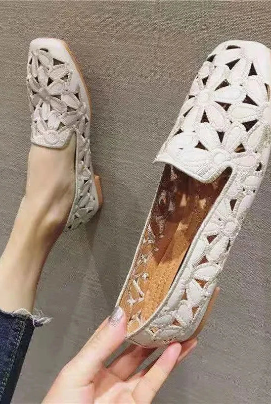 Size 35-42 women's summer embroidery designer slip-on loafers with square toes, floral cutout pattern, and cushioned