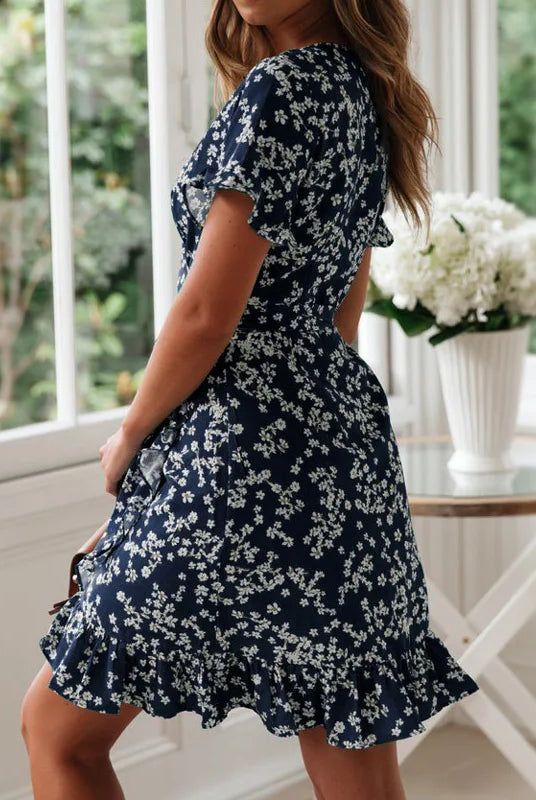 Boho floral print ruffles women dress 2022 summer V neck short sleeve chiffon mini dress for beach vacation or casual wear