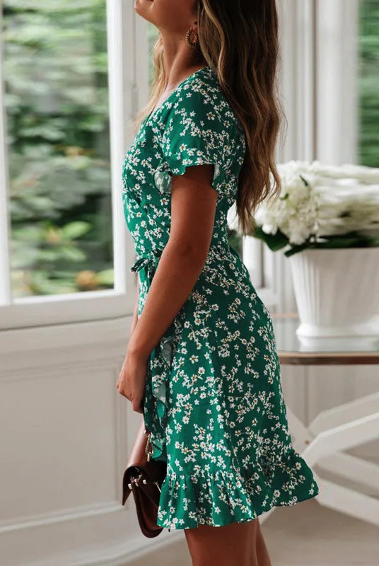 Boho floral print women dress 2022 summer short sleeve V-neck chiffon mini sundress with ruffles for beach vacation