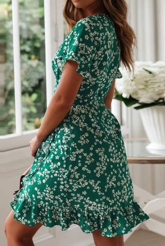 Boho Floral Print Ruffles Women Dress 2022 summer mini dress with short sleeves, V-neck, green floral chiffon fabric