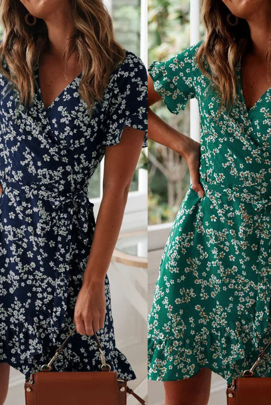Boho Floral Print Ruffles Women Dress 2022 summer mini chiffon dress with V neck, short sleeves, floral pattern, suitable