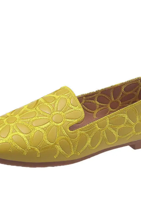 Size 35-42 yellow summer slip-on ballet flats with floral embroidery, soft sole, square toe, designed for womens leisure and
