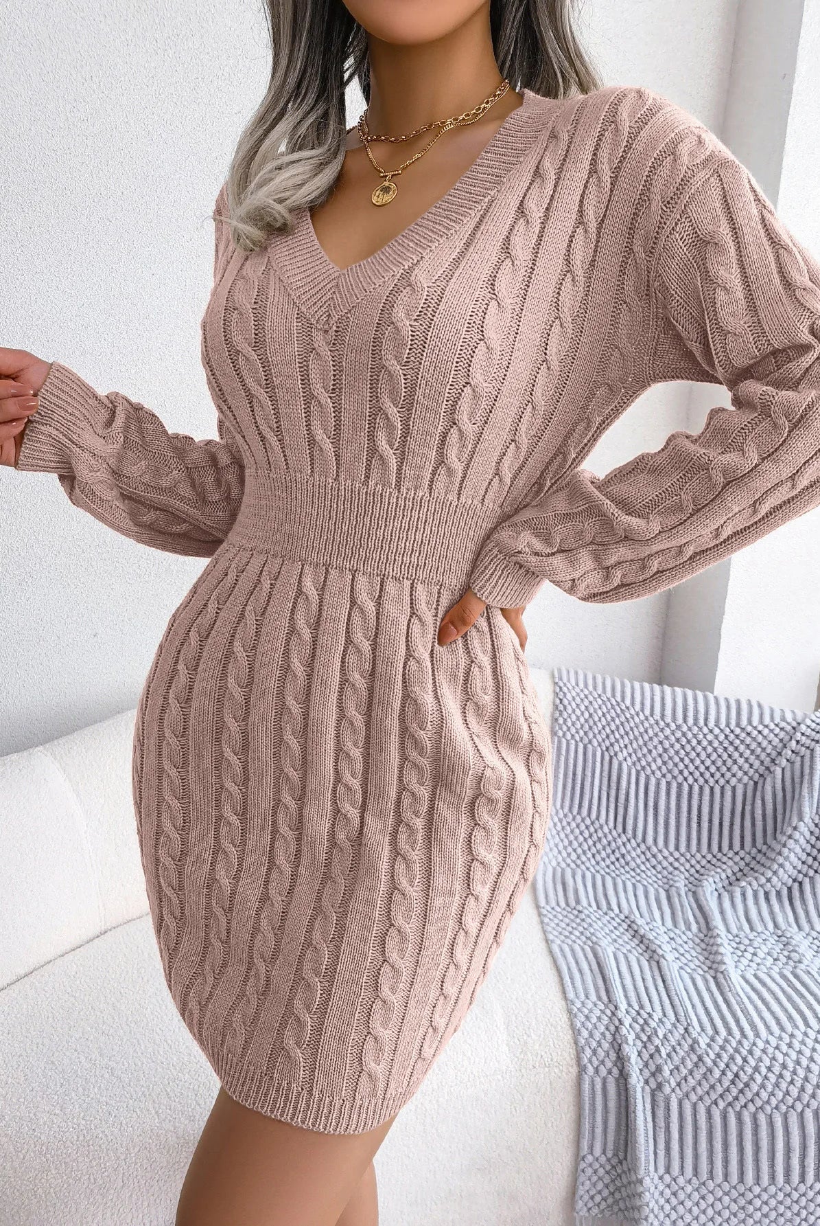 VigoCasey 2025 V Neck Casual Short Knit Dress in khaki, long sleeve, solid bodycon knit dress for autumn and winter women.