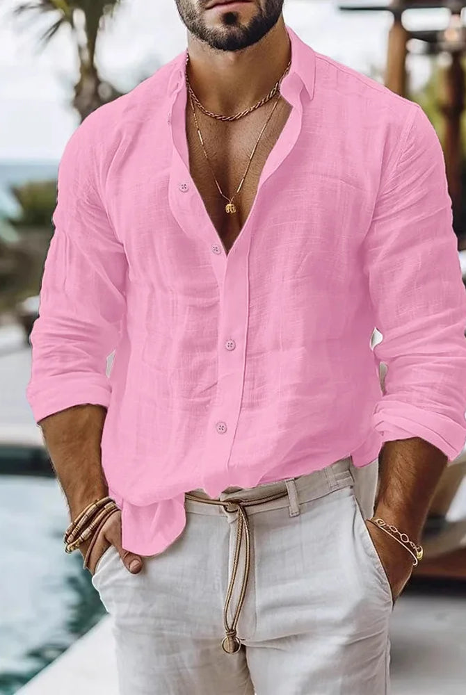 Cotton Linen Shirt for Men Summer Beach Style solid pink, lightweight breathable button-up top with rolled sleeves.