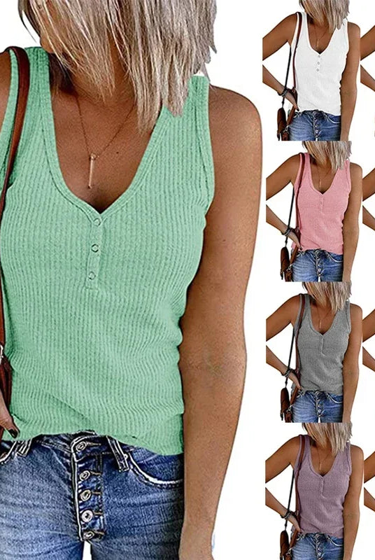Nine-color casual chic ribbed tank top with sleeveless V-neck, slight stretch, durable fabric, all-season essential.
