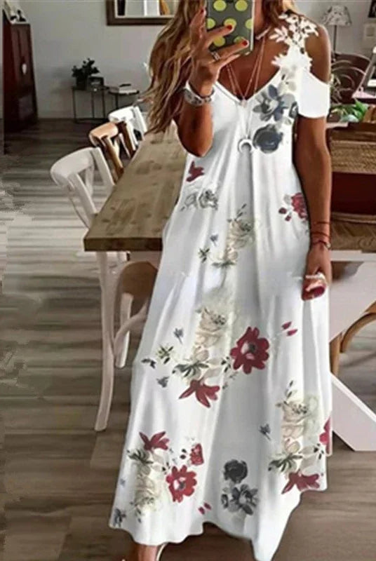 Women's Printed White Lace Sleeveless Suspender Dress Summer Fashion Casual Long Dress, floral pattern, lightweight and