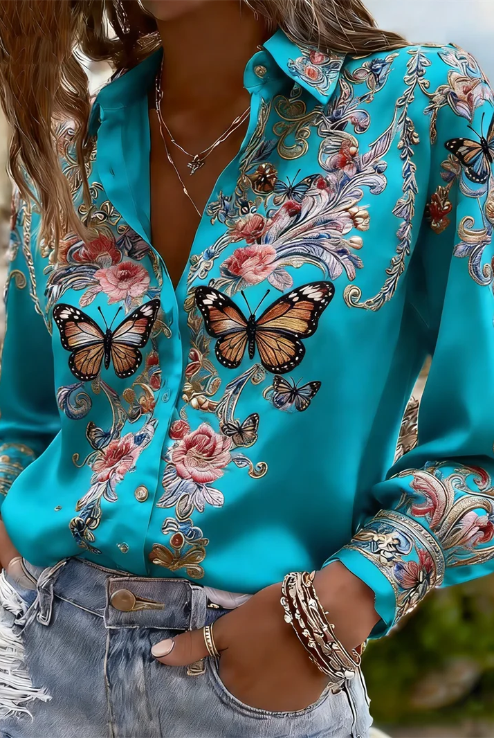 New 11 color long-sleeved women's shirt with 3D butterfly and floral print, tree branch pattern on lapel, made of silky fabric.