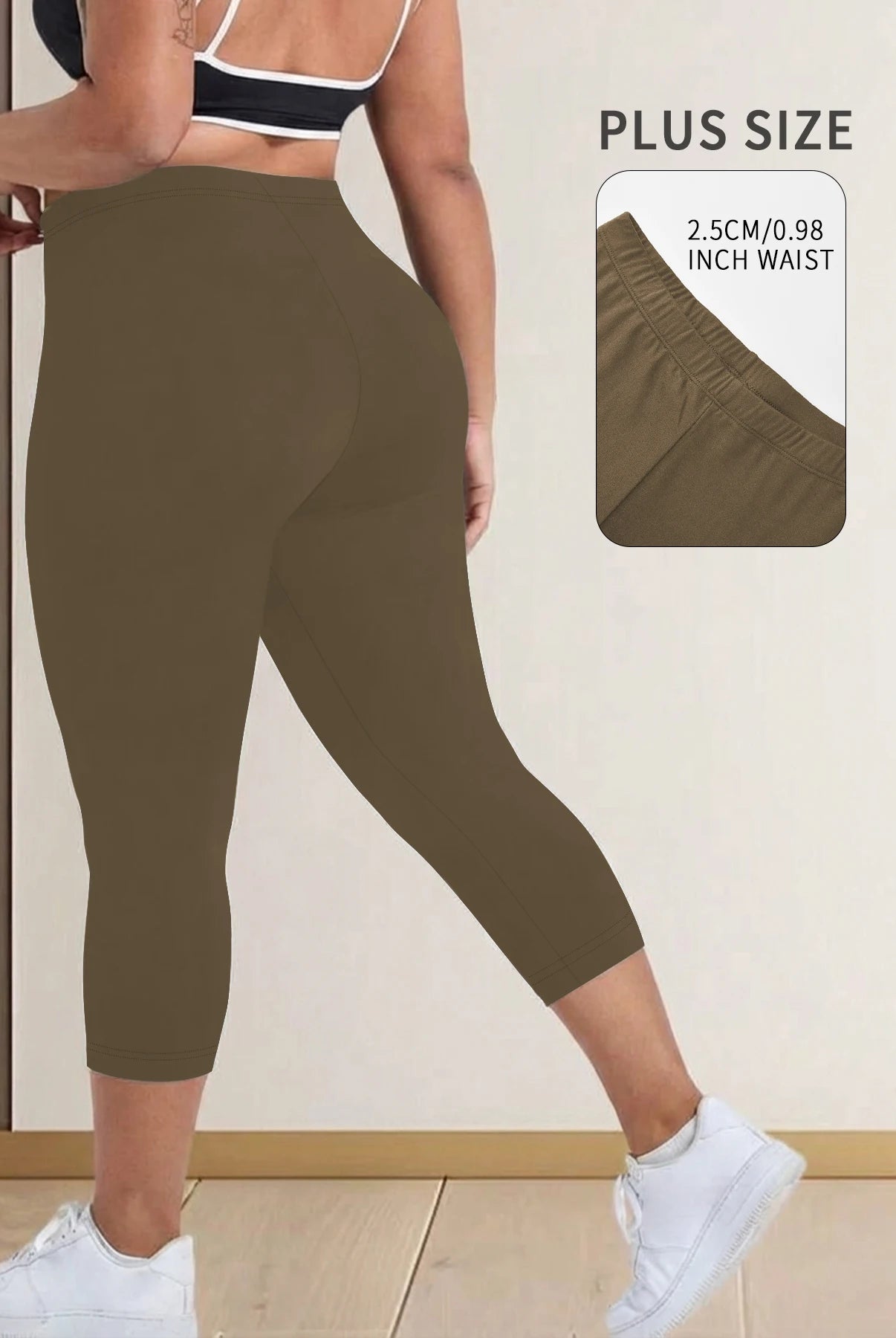 Plus Size Super Soft Capri Pants for Women in olive green, no see-through athletic leggings worn by a woman with white sneakers.