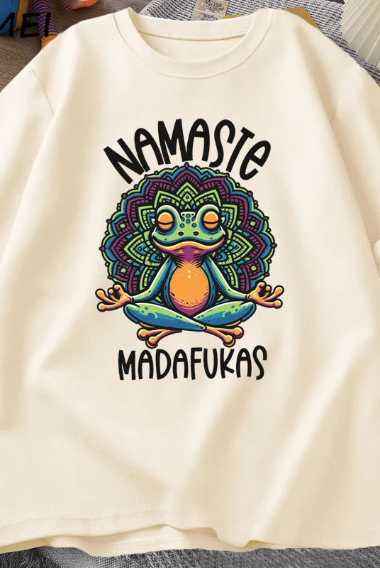 Funny Yoga T Shirt Frog self care design with colorful frog meditating, cotton short sleeve, positive cottagecore Namaste
