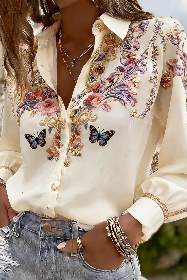 New 11 color long-sleeved women's shirt with 3D flower print, butterfly, and tree branch pattern on lapel, made of lightweight fabric.