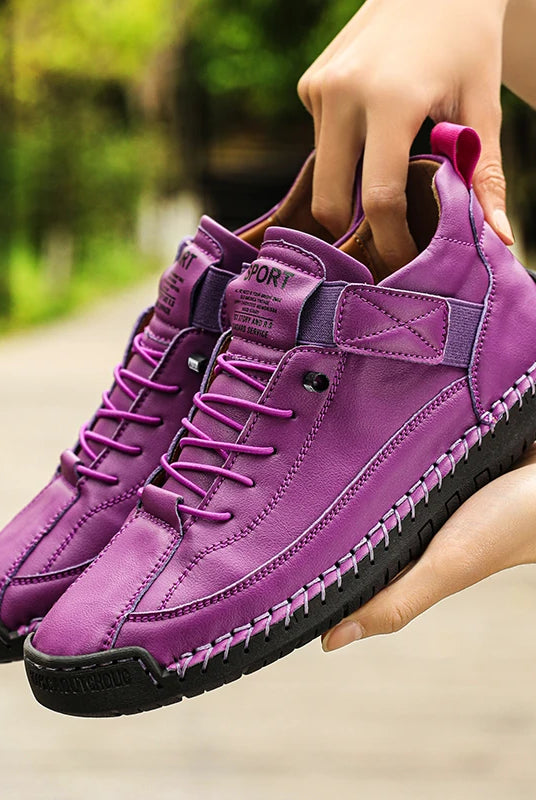 New Fashion Sneakers Handmade Leather Women's Shoes mid-top casual flats slip-on loafers in vibrant purple with black soles.