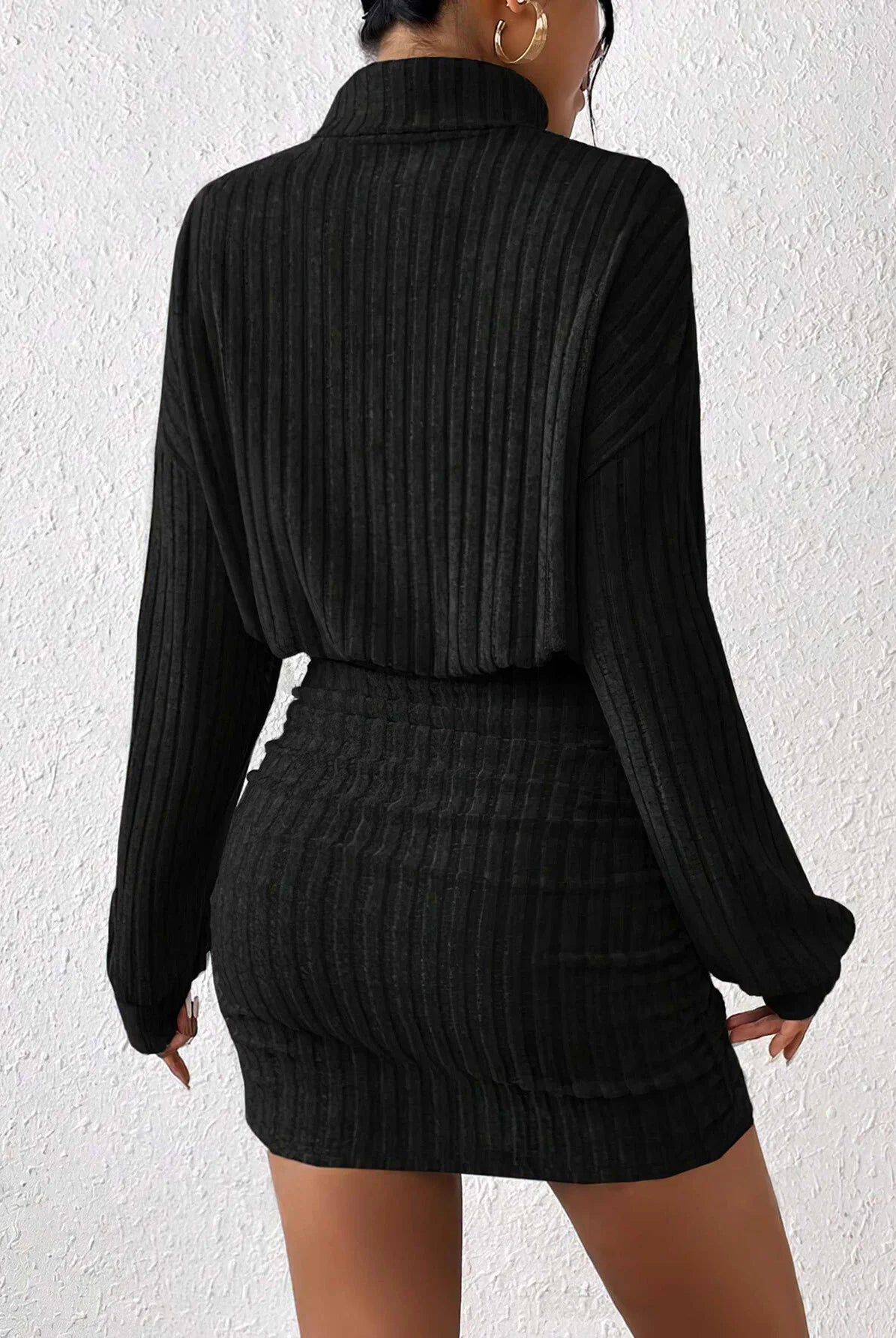 Women's Autumn Winter Fashion High Neck Knitted Sweater Dress in black with long sleeves, loose fit, mid-length, warm and