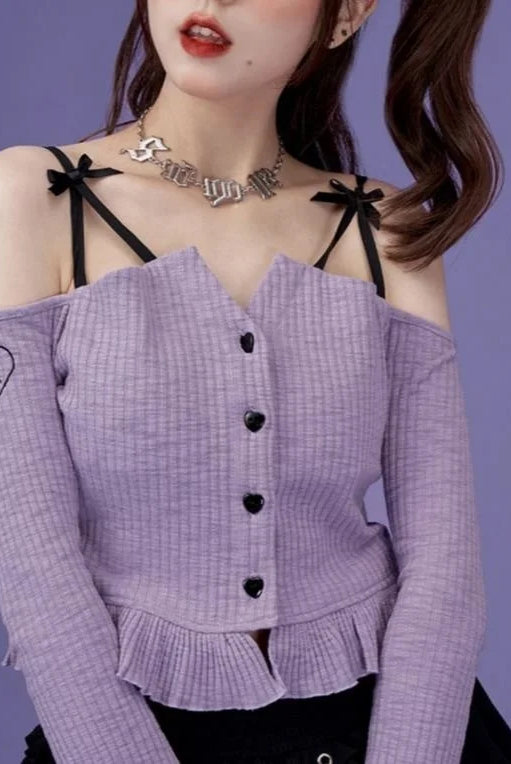 Slash Neck Y2k Aesthetic Embroidery T-shirt featuring purple ruffled cropped design, flare sleeves, and black button details