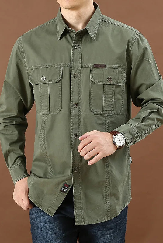 100% cotton men's long-sleeve casual shirt in solid olive green with multiple pockets, suitable for spring and fall, size 6XL cargo jacket style