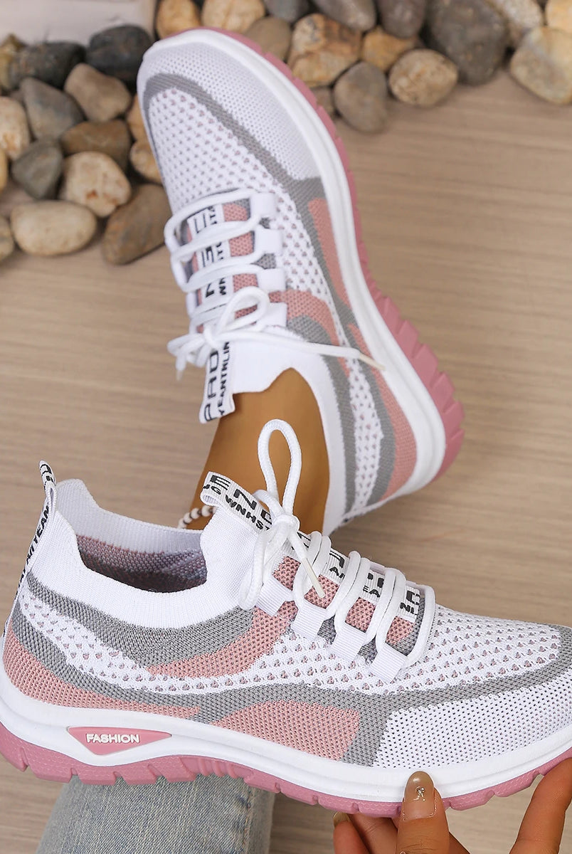 Women's summer 2026 casual sneakers with white mesh upper, pink and gray accents, PVC soft sole, and versatile two-tone