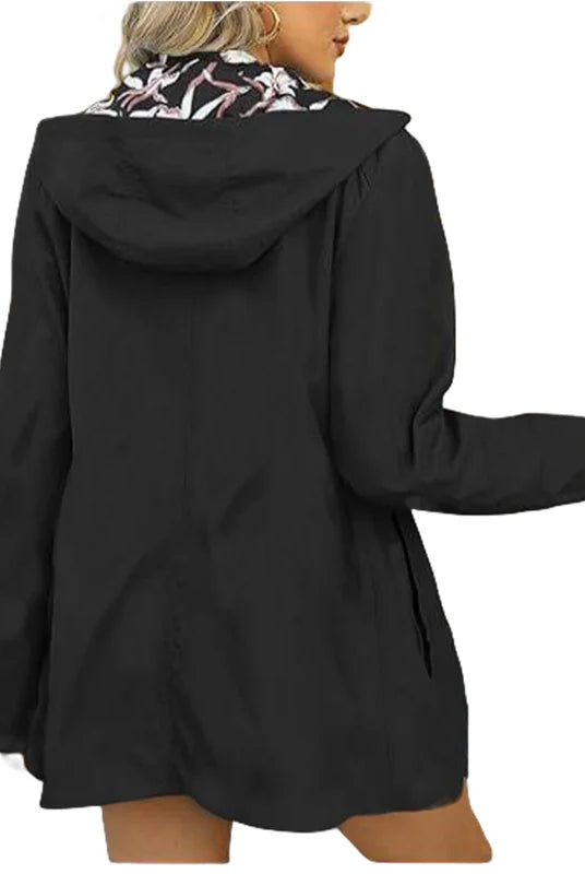 Women's Autumn Hooded Jacket Reversible Printed Casual Coat with Pockets, black exterior, shown from the back with a