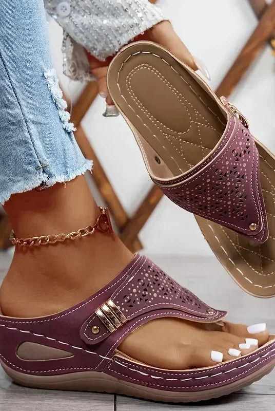 Summer Women Wedge Sandals open toe slip-on platform shoes with perforated design in mauve color, ideal for outdoor casual