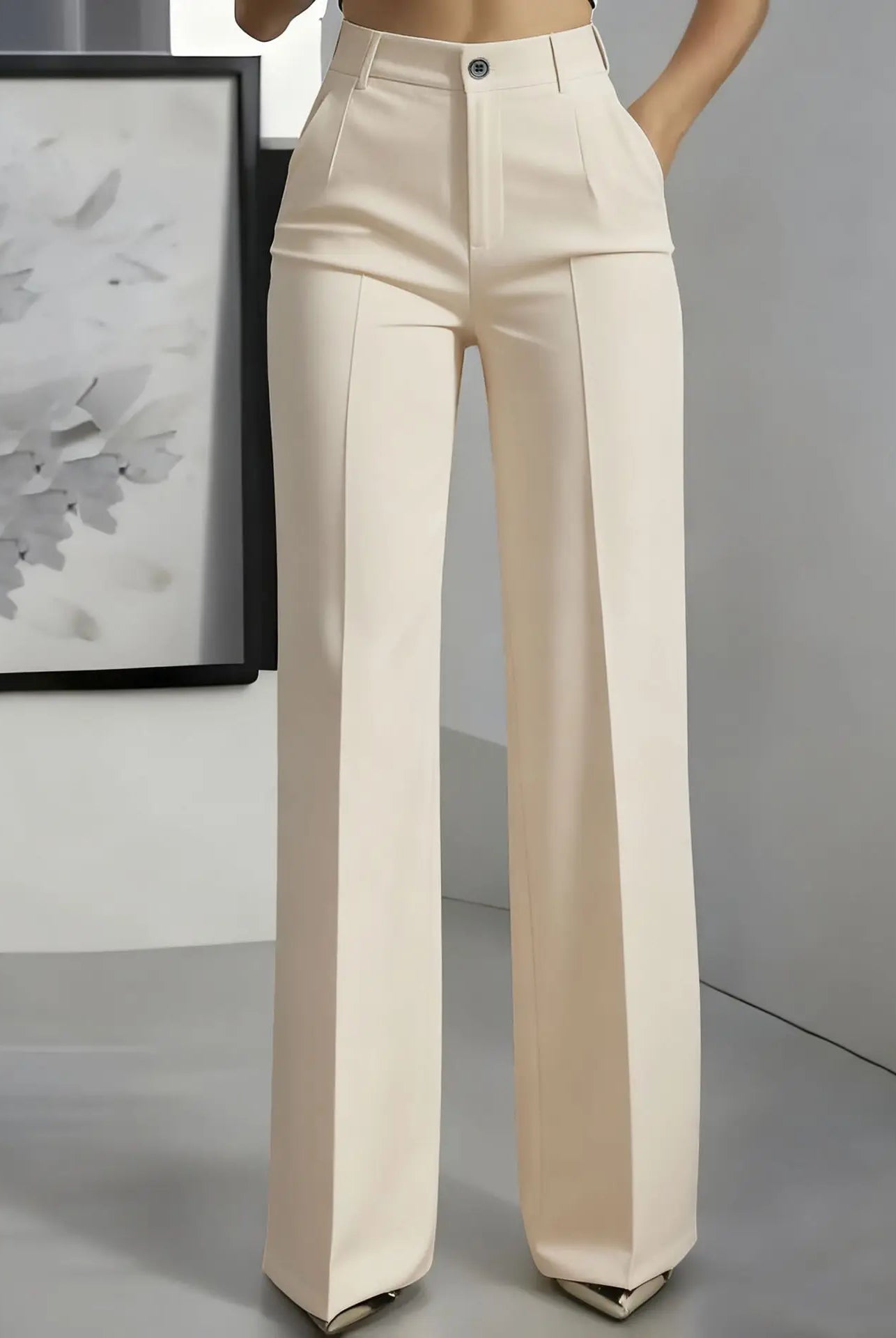 Women's High-Waisted Straight-Leg Trousers Formal Office Trousers Slim-Fit Cut Classic Solid-Colour Suit Trousers in beige fabric.