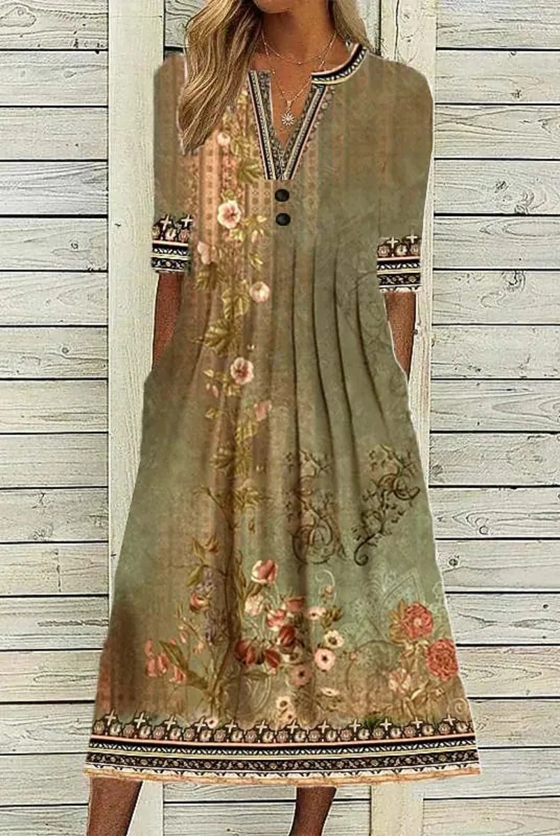 Fashion Elegant Casual Dress Woman Short Sleeve Loose Dress with floral print, earthy tones, decorative buttons, suitable for holidays.