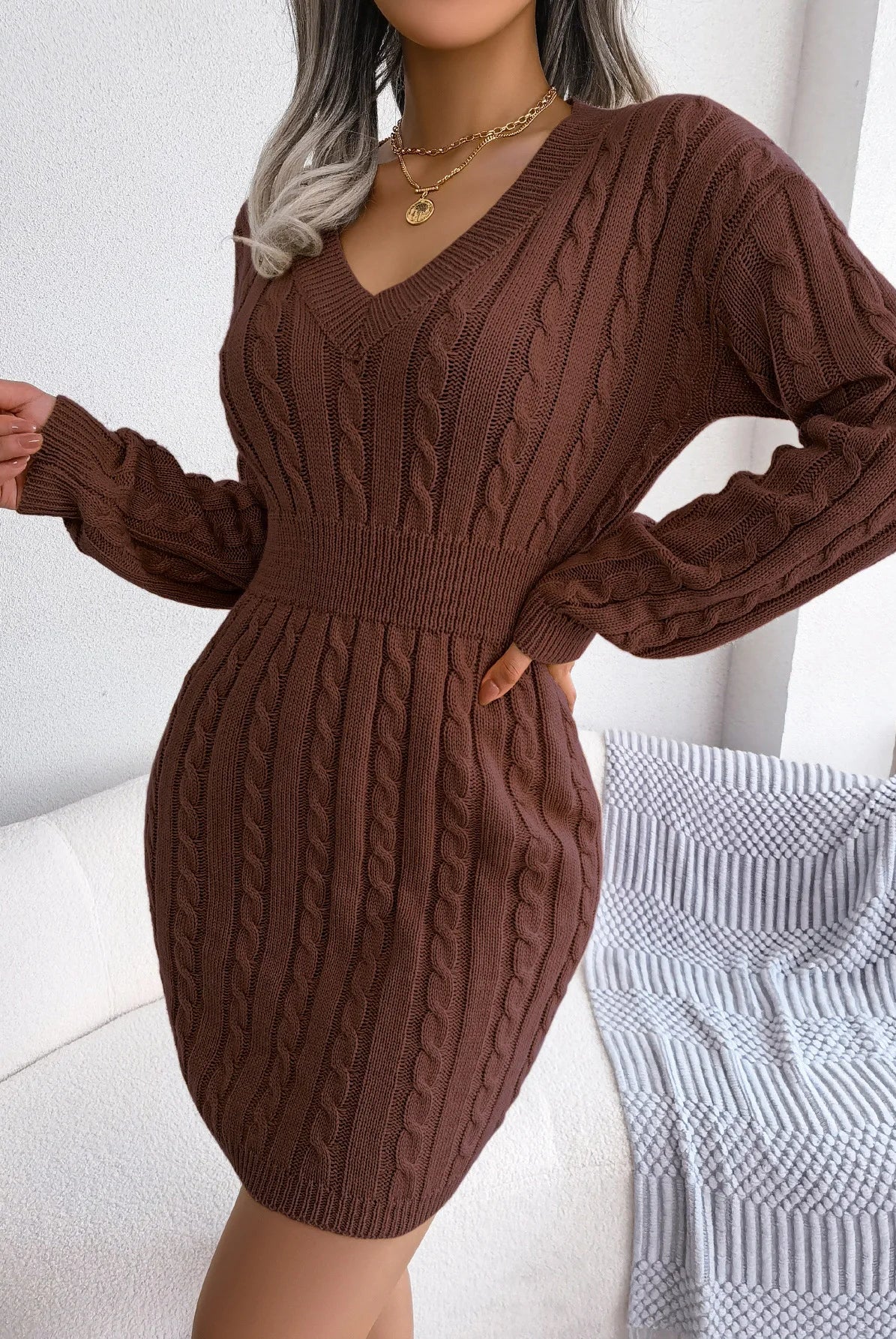 VigoCasey 2025 V Neck casual long sleeve knit dress in khaki with cable knit pattern, fitted bodycon style for autumn and