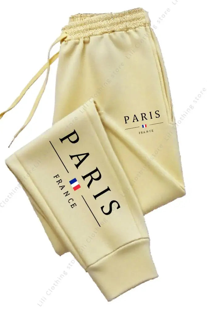 2025 New Hot Sale PARIS Jogger Pants for Women's Trousers in cream fleece material with Paris France branding and drawstring