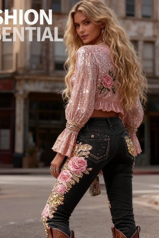 3D Floral Womens Straight Leg Jeans fashion casual stretch denim pants with pink rose embroidery and gold accents, suitable for daily streetwear.