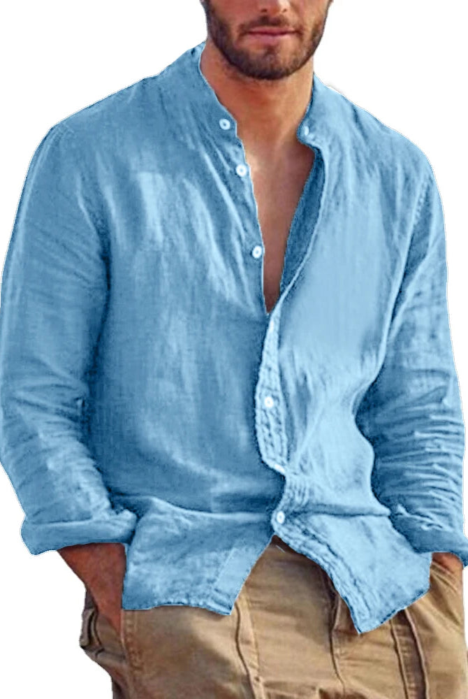 New men's solid color long sleeve shirt made of linen and cotton, featuring a stand collar, casual lightweight beach top in blue.