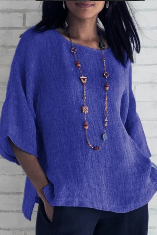 Plus Size Cotton Blouse Shirts Summer O-Neck Three Quarter Loose Casual Blouse Tops for Women streetwear in vibrant blue, made of lightweight cotton.