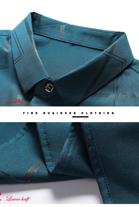 Men's casual long-sleeved printed shirt in teal with geometric pattern, non-ironing, wrinkle-resistant fabric, suitable for business or casual wear.