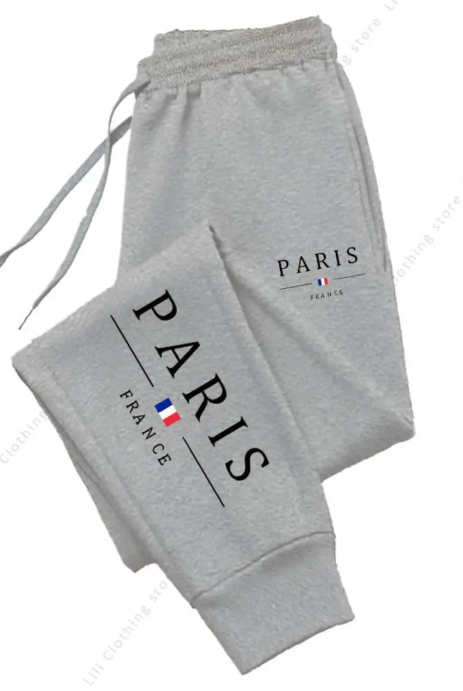 2025 New Hot Sale PARIS Jogger Pants for Women's Trousers with PARIS FRANCE print, gray fleece material, high waist, casual