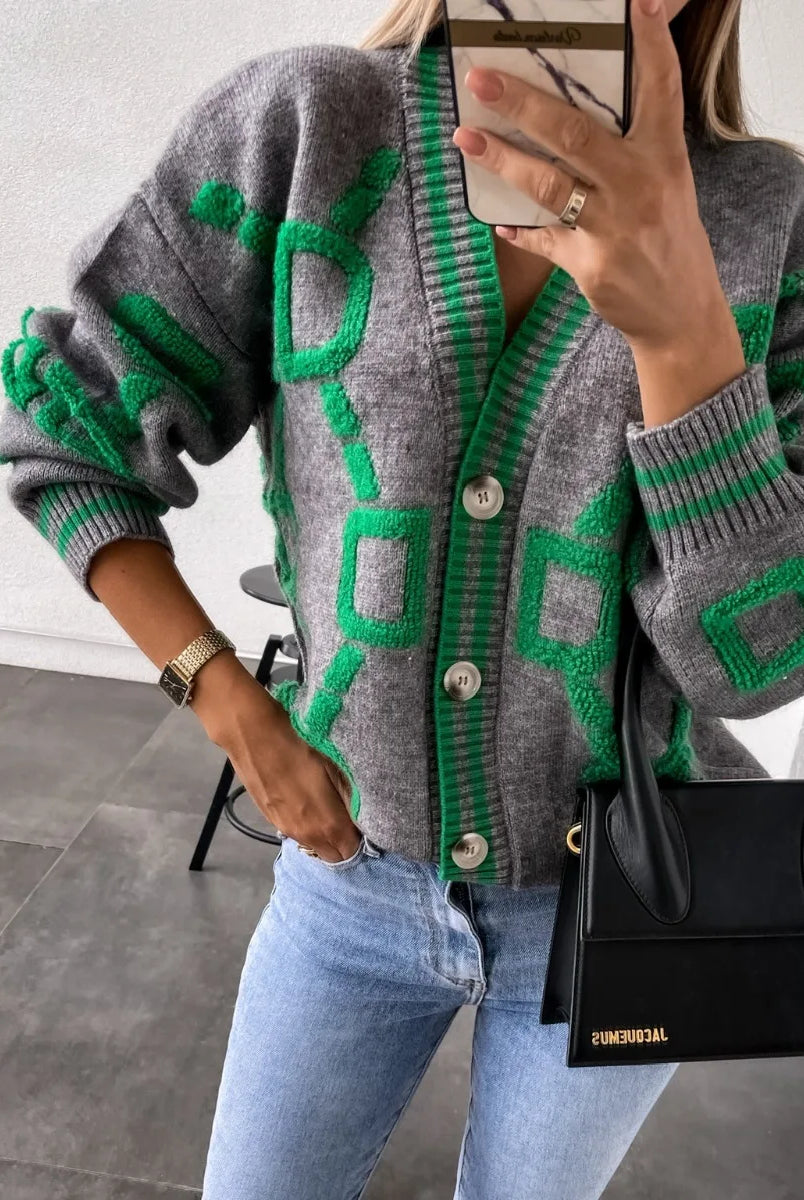 Autumn Winter Jacquard Knitted Coat Women Fashion V-neck long sleeve single breasted knitting cardigan coat in grey with