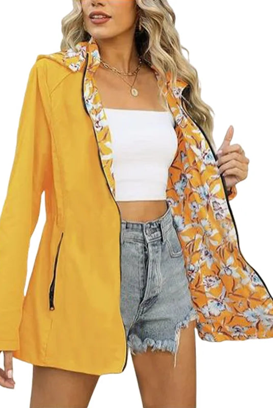 Women's Autumn Hooded Jacket Reversible Printed Casual Coat with Pockets, multicolour streetwear style, size S-2XL.