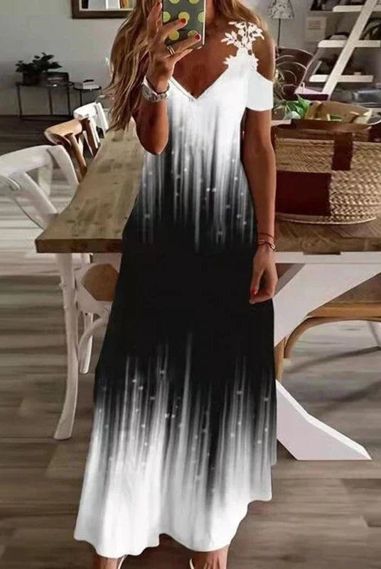 Women's Printed White Lace Sleeveless Suspender Dress Summer Fashion Casual Long Dress worn by a woman in a home interior.