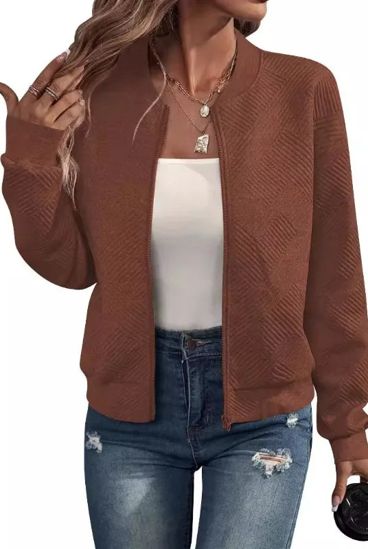 2025 Autumn and Winter new fashion women's sweaters coats plus size solid color zipper jacket casual top for women clothing, in brown with textured fabric.