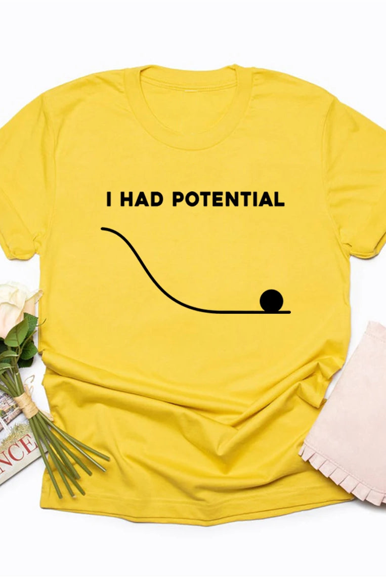 Yellow I Had Potential T-shirt with black text and graphic, casual streetwear inspired by TV show, suitable for men and