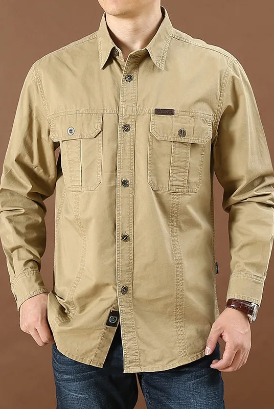 100% Cotton high quality men's long-sleeve solid color casual shirt with multiple pockets, suitable for spring and fall, in large 6XL size cargo jacket style.