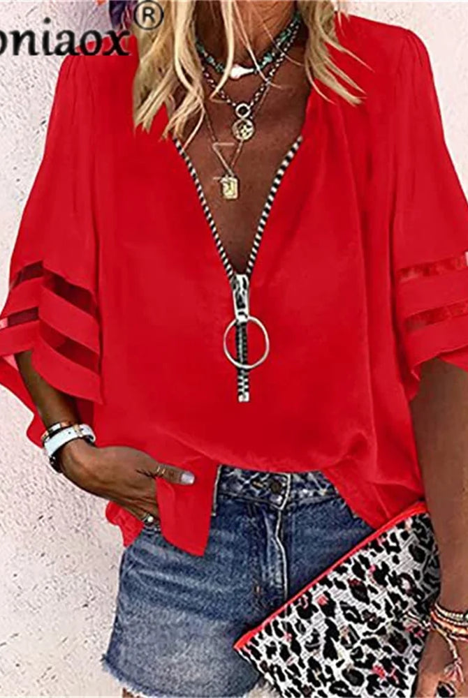 Red lace patchwork flared sleeve mesh solid shirt blouse with zipper V-neck, casual summer top for women.