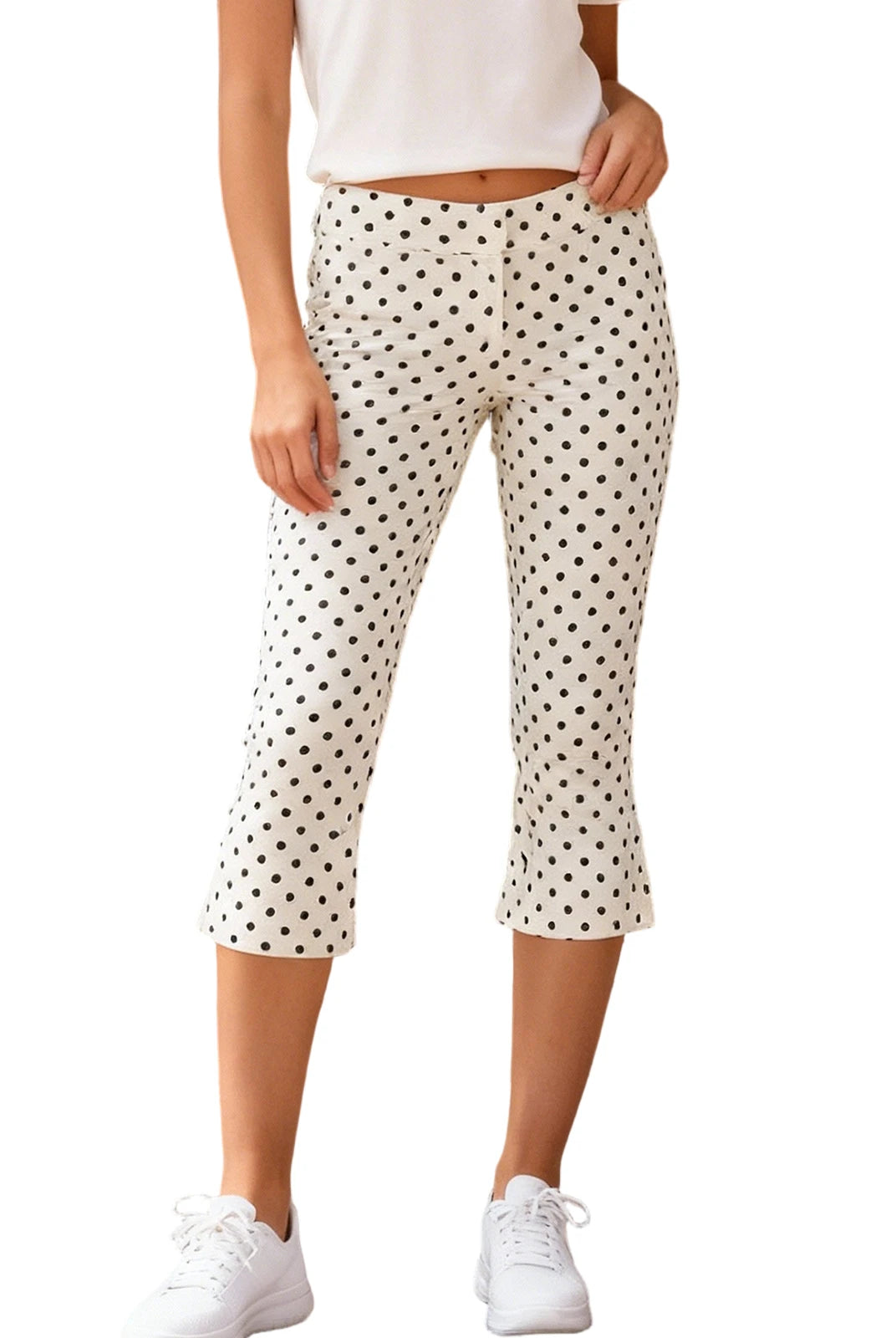 Women Summer Capri Pants Casual Low Waist Solid Color and Dot Print Slim Fit Cropped Trousers in beige with black dots