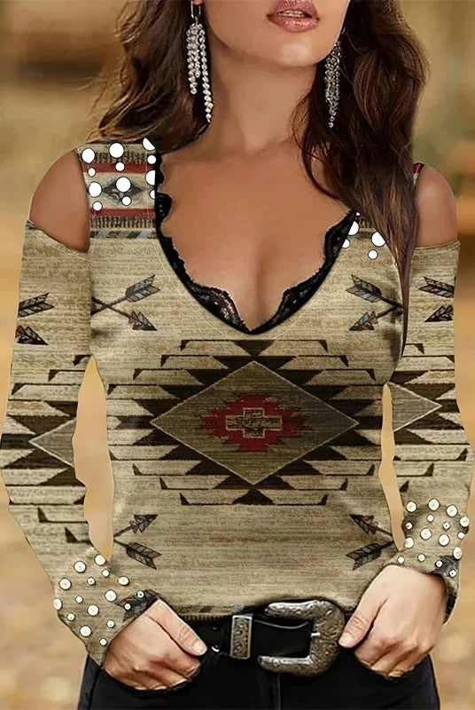 Geometric Print Lace Trim V Neck T-Shirt for women with cold shoulder long sleeves, beige with arrow and diamond patterns, embellished with pearl accents.