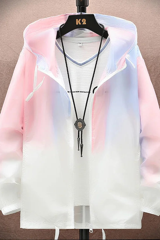 2026 Women Jacket Summer Gradient Y2K Hip hooded light thin windbreaker coat displayed on a hanger with a black necklace.