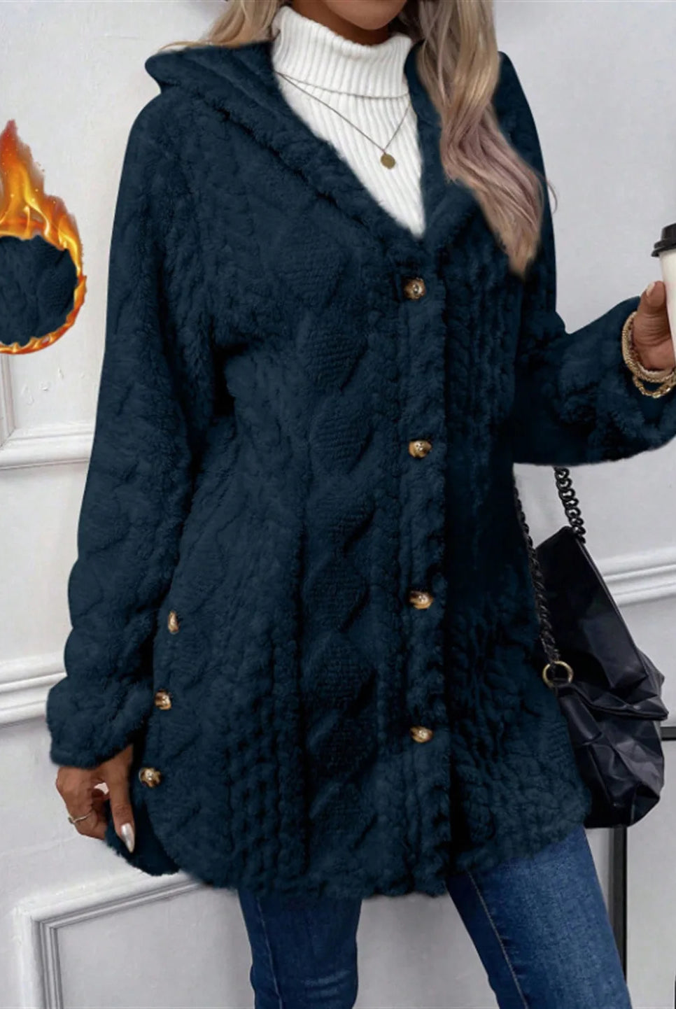 Women cardigan hoodie jacket with argyle textured pattern, hooded design, irregular hem, gold buttons, fleece material