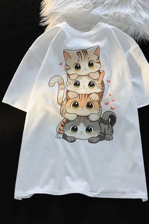 Summer Japanese cute cartoon stacked cat printed short-sleeved T-shirt for ladies and boys, featuring four colorful cartoon