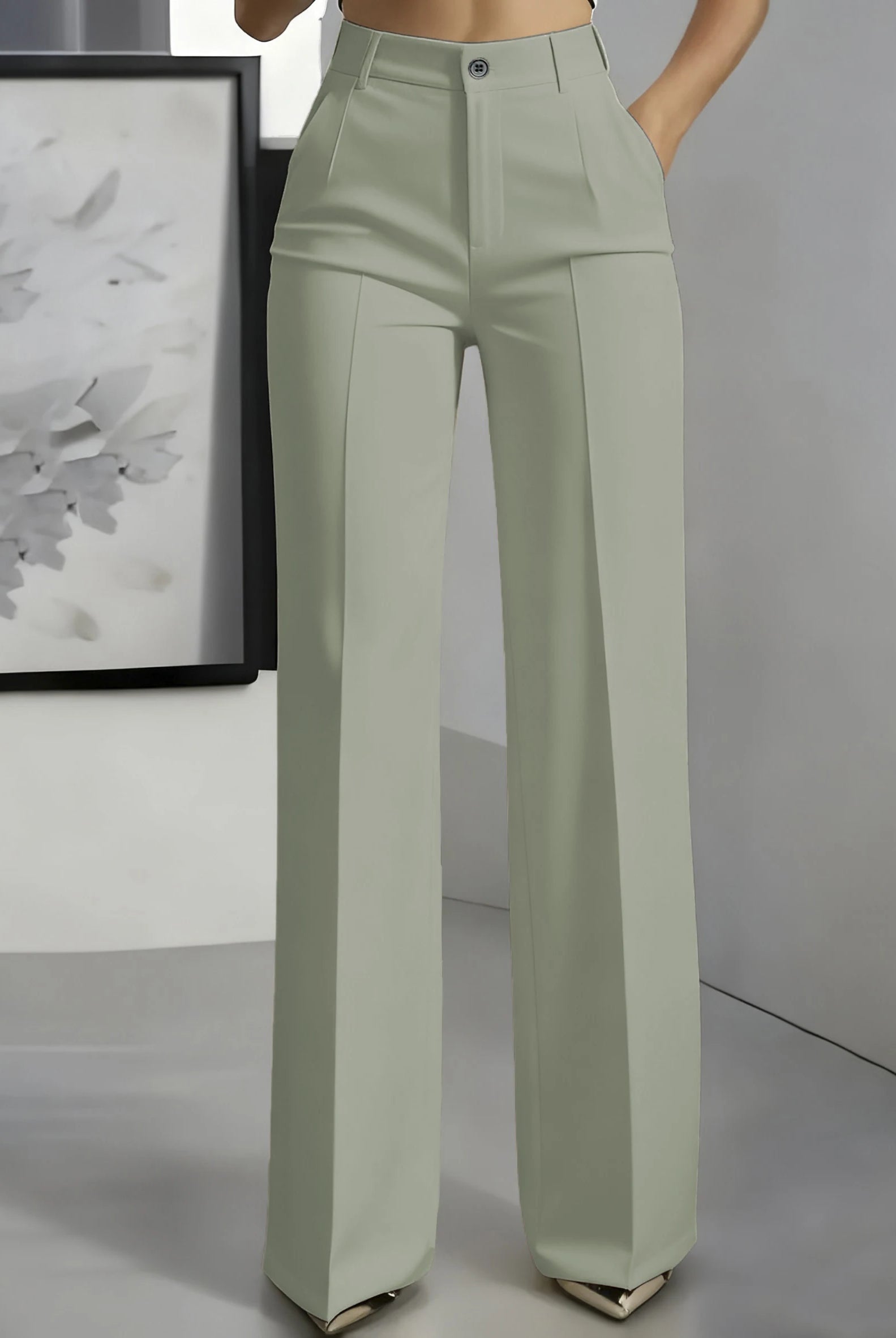 New 2025 Women's High-Waisted Draped Straight-Cut Suit Pants in light beige, made of smooth fabric, designed for elegant professional wear.
