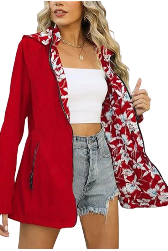 Women's Autumn Hooded Jacket Reversible Printed Casual Coat with Pockets, multicolour streetwear, available in sizes S to 2XL