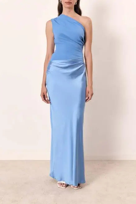 Women's Dresses 2025 Spring new solid light blue slant neck sleeveless evening dress with ruched waist and elegant long