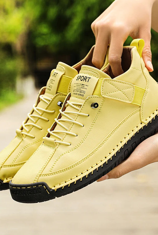 New Fashion Sneakers Handmade Leather Women's Shoes mid-top casual flats slip-on loafers in yellow with black rubber soles